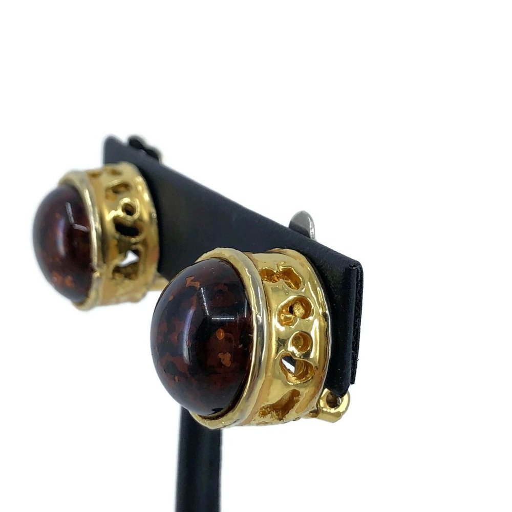 Vintage Amber Glass Clip On Earrings Unsigned, Chunky Round Clips - Picture 6 of 10